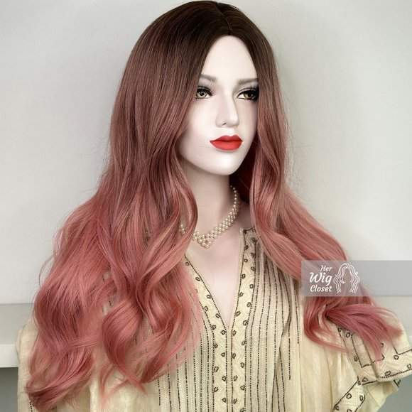 Sakura Pink Hair Ombre Pastel Pink Wig Dark Roots Wavy Wig  | Anaella - Picture 5 of 8